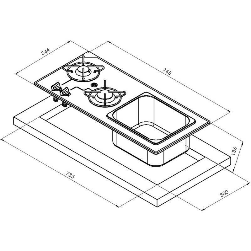 Carbest piano cottura in vetro nero con lavandino in inox disegno tecnico misure