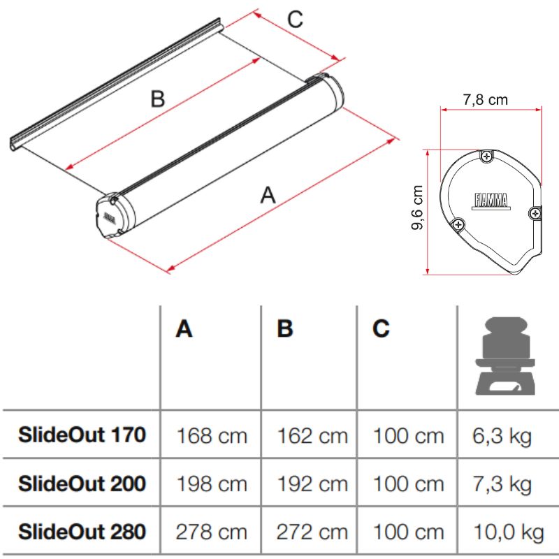 Fiamma Slideout disegno tecnico misure varianti