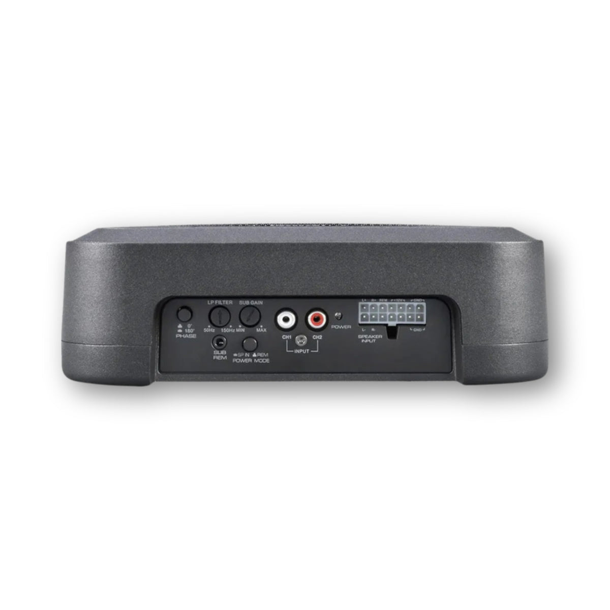 Pannello laterale del subwoofer Alpine con ingressi e regolazioni