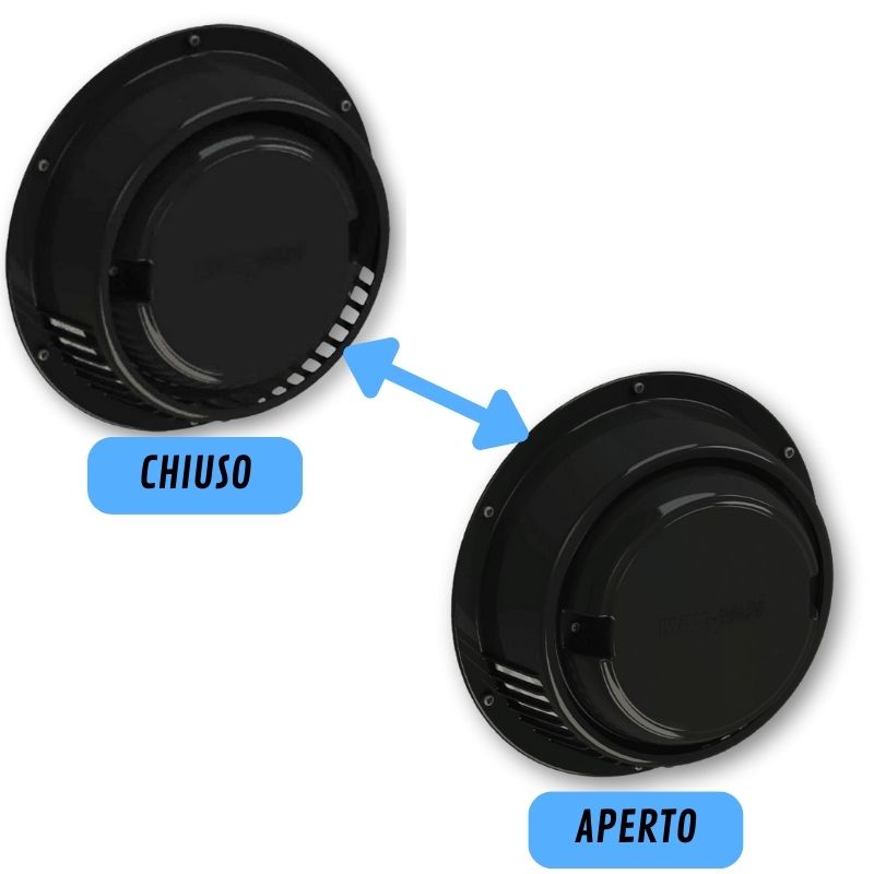 Airxcel MaxxFan Dome nero dettaglio cupola chiusa e aperta