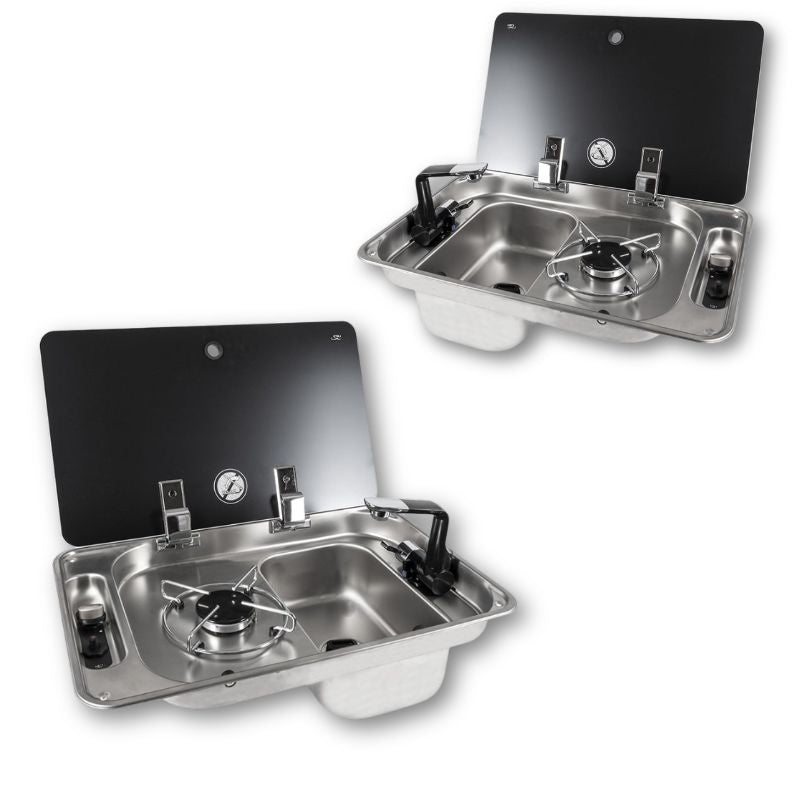 CAN FL1323 FL1324 piano cottura con lavandino inox e coperchio vetro nero