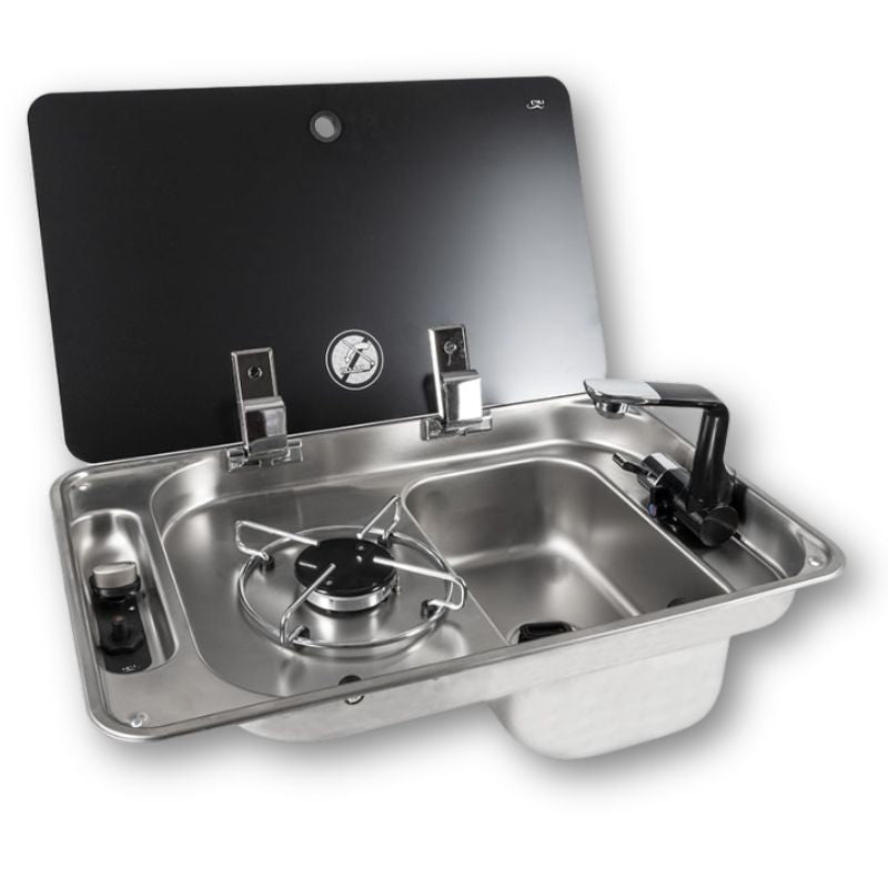 CAN FL1323 piano cottura con lavandino inox e coperchio vetro nero