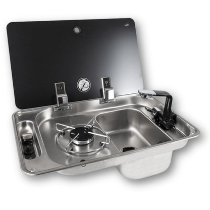 CAN FL1323 piano cottura con lavandino inox e coperchio vetro nero