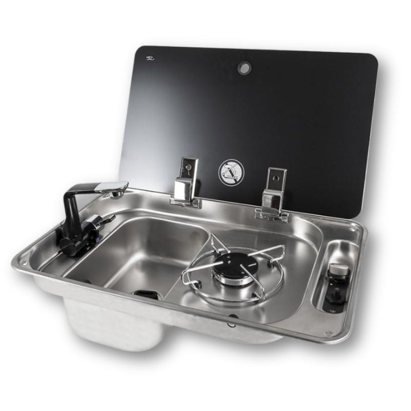 CAN FL1324 piano cottura con lavandino inox e coperchio vetro nero