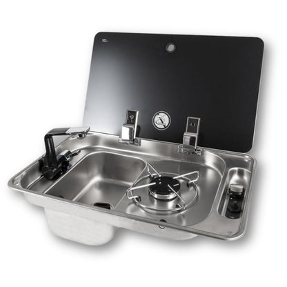 CAN FL1324 piano cottura con lavandino inox e coperchio vetro nero