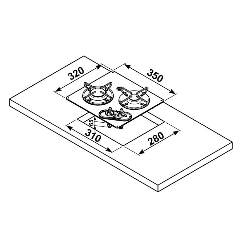 Carbest piano cottura 2 fuochi compatto in acciaio inox disegno tecnico misure