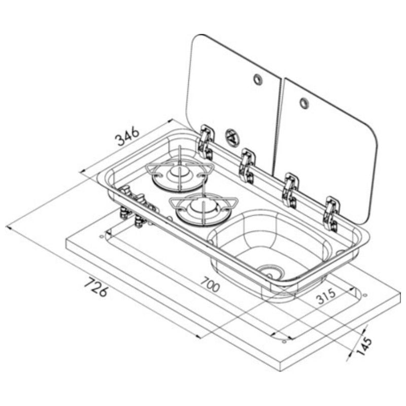 Carbest piano cottura 2 fuochi con lavandino a destra disegno tecnico misure