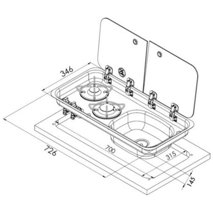 Carbest piano cottura 2 fuochi con lavandino a destra disegno tecnico misure