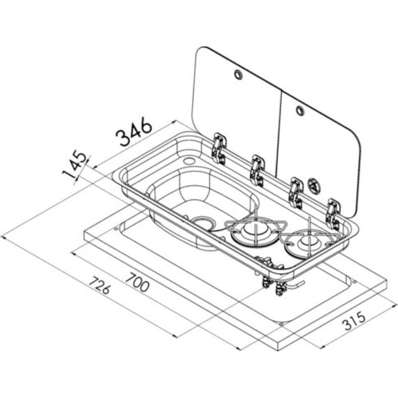 Carbest piano cottura 2 fuochi con lavandino a sinistra disegno tecnico misure