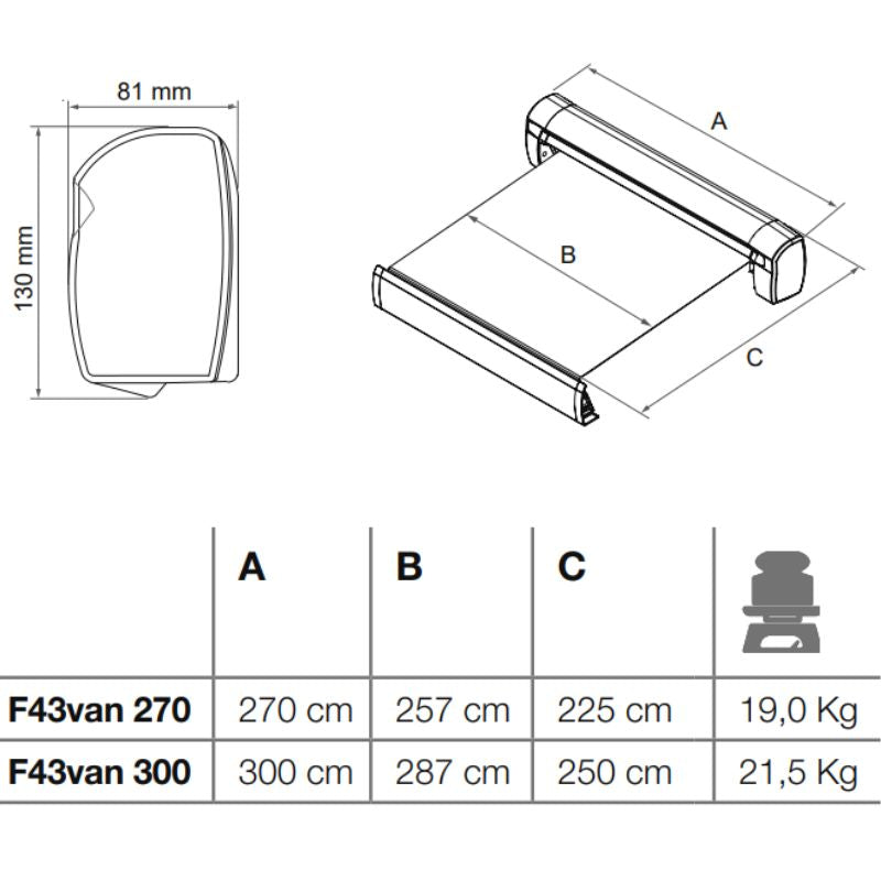 Fiamma F43VAN disegno tecnico misure