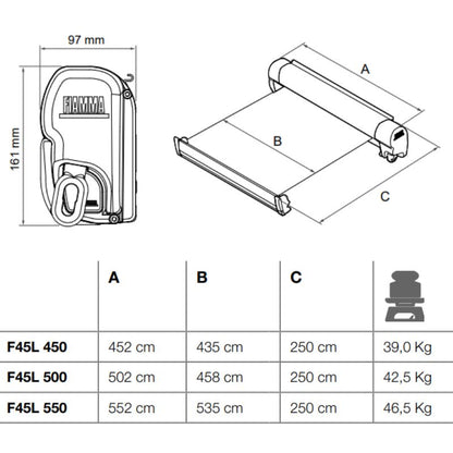 Fiamma F45L tendalino da parete per camper grandi e motorhome disegno tecnico