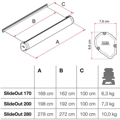 Fiamma Slideout disegno tecnico misure varianti