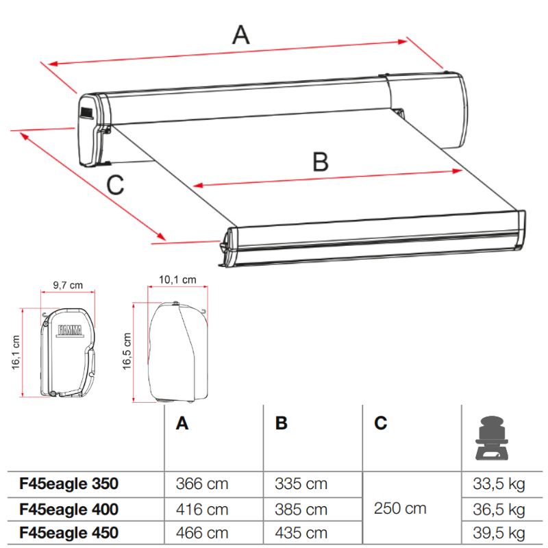 Fiamma f45eagle tendalino da parete per camper disegno tecnico