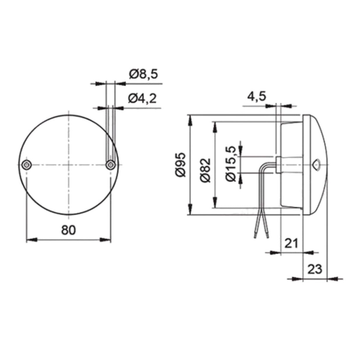 Jokon Serie 720 faro posteriore LED tondo Ø95mm disegno tecnico misure
