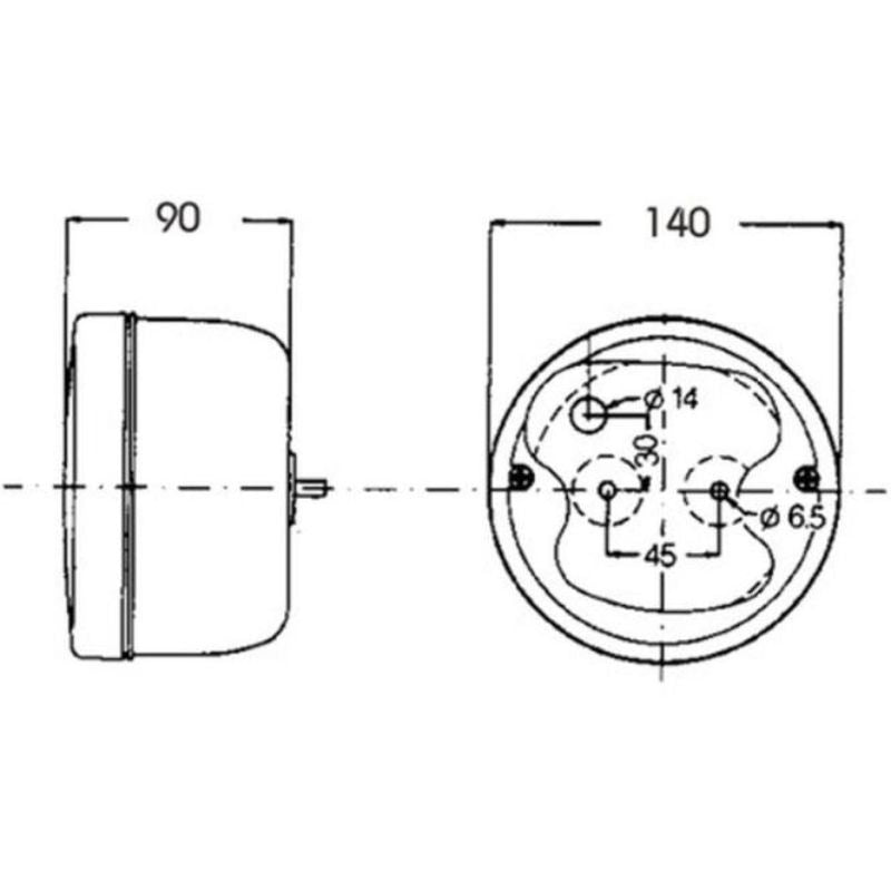 Proplast luce posteriore tonda Ø140mm camper Laika disegno tecnico misure