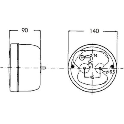 Proplast luce posteriore tonda Ø140mm camper Laika disegno tecnico misure