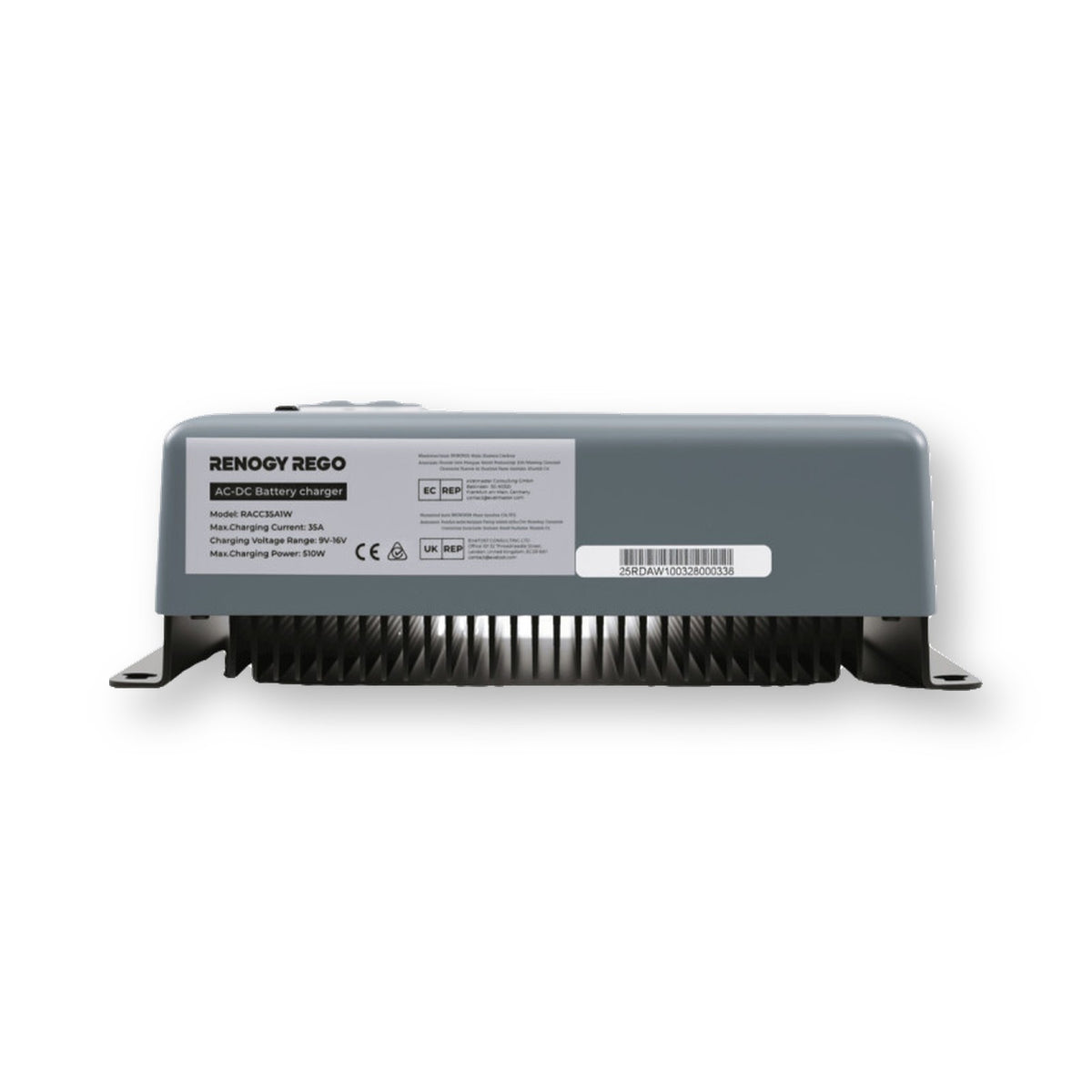Renogy REGO caricabatterie 220V 12V 35A lato etichetta dati