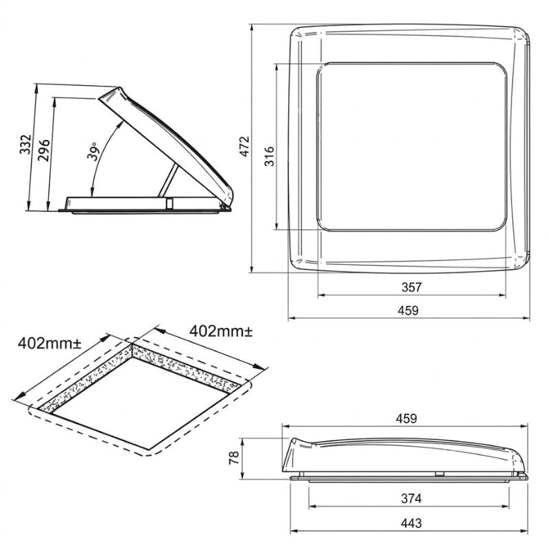 Thule Vent manuale oblò 40x40cm disegno tecnico misure