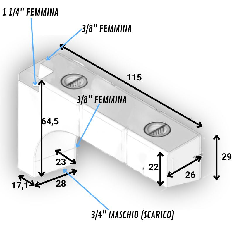 Vecam serbatoio bianco 95L da passaruota con fix-system disegno tecnico misure