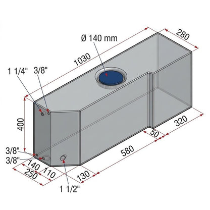 Vecam serbatoio sagomato corto nero 100L disegno tecnico misure