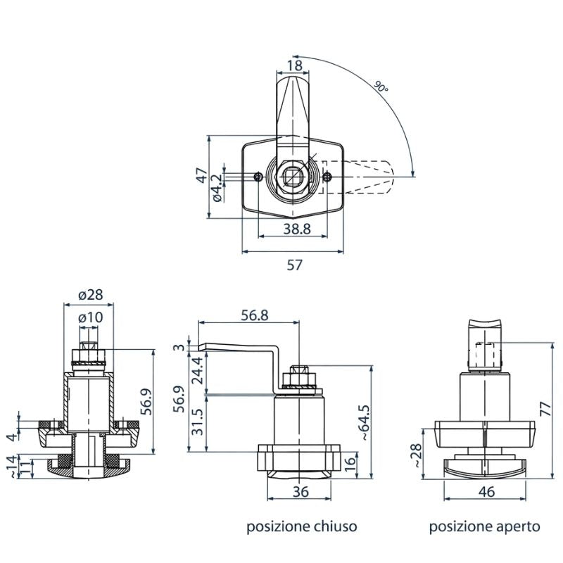 Zadi serratura push esagonale disegno tecnico misure