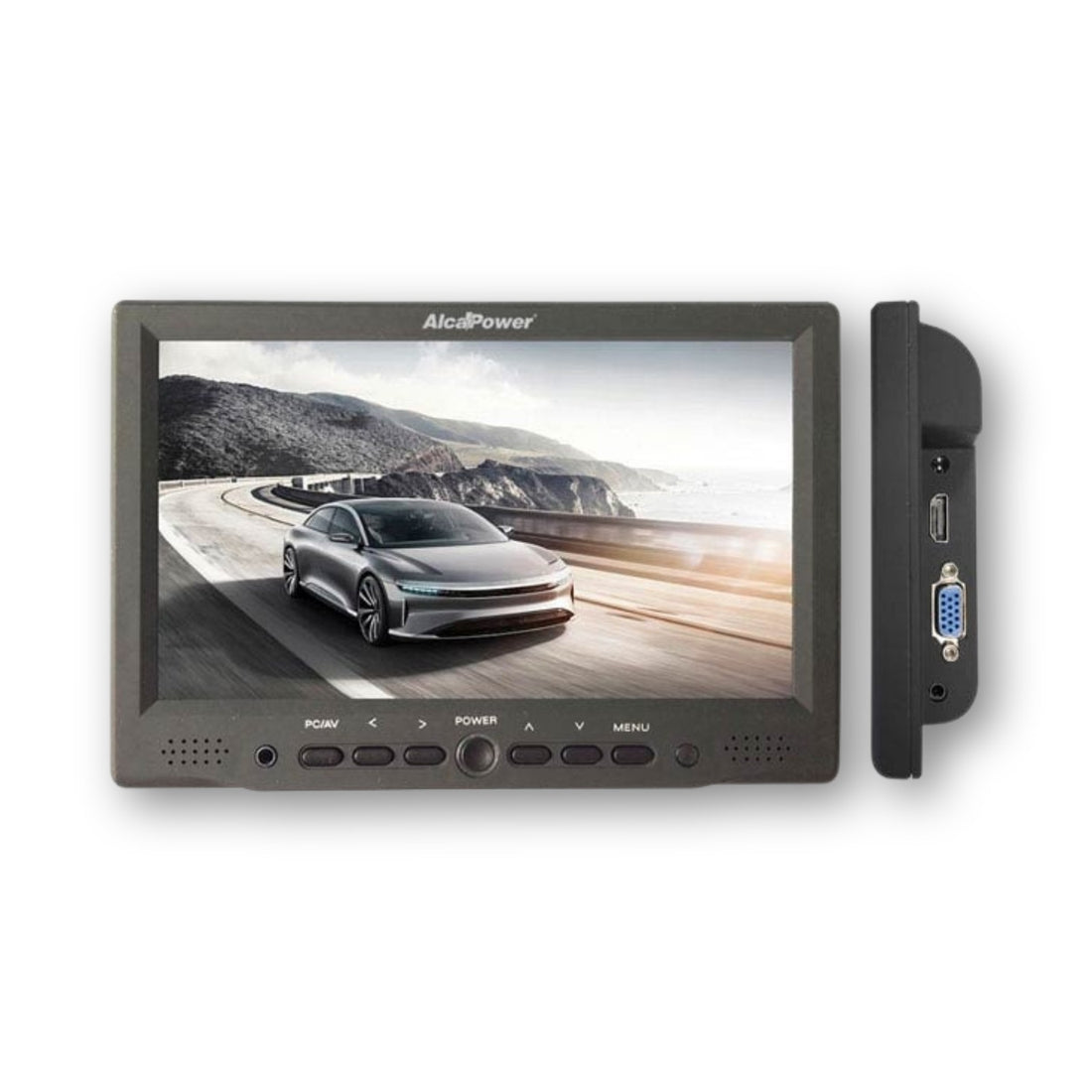 Monitor LCD Alcapower da 7 pollici visto di fronte e di lato, con gli ingressi HDMI e VGA