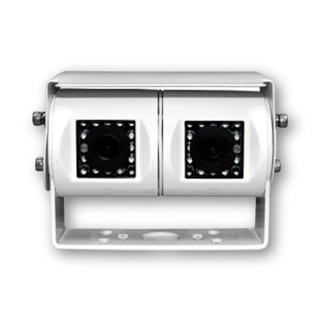 Retrocamera Alcapower bianca a doppia ottica con LED a infrarossi e staffa