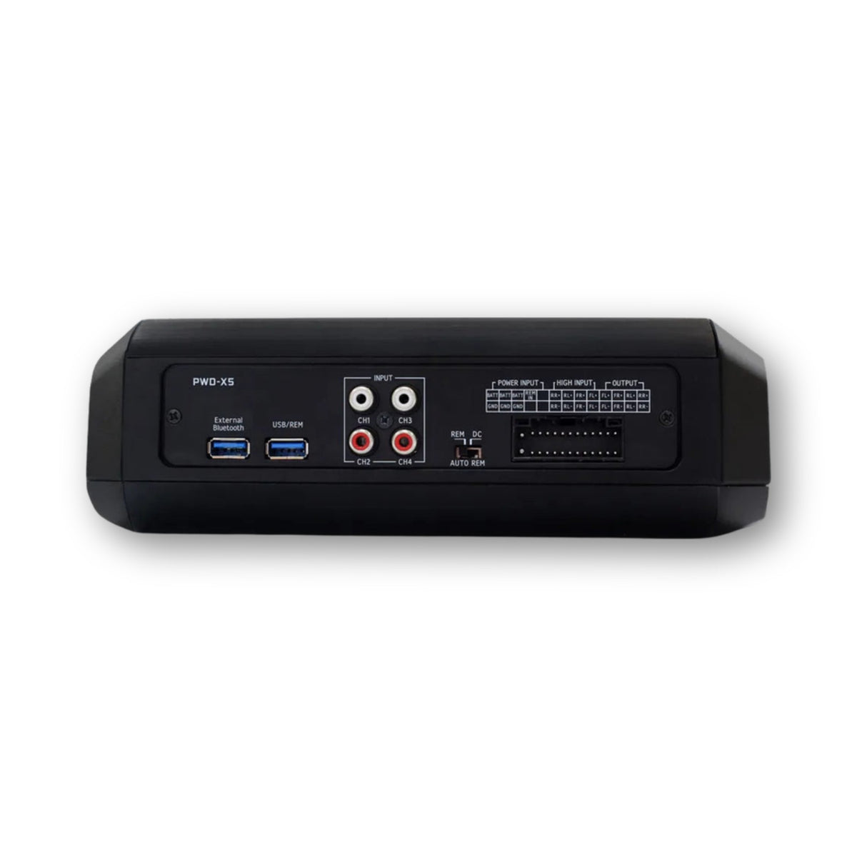 Pannello del PWD-X5 con ingressi RCA, connettore alto livello e prese USB