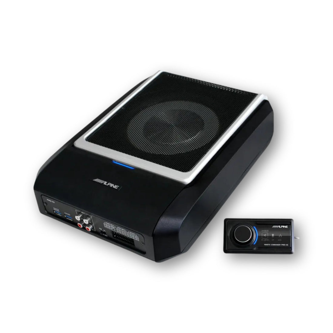 Subwoofer Alpine PWD-X5 con DSP e amplificatore e il suo comando a filo