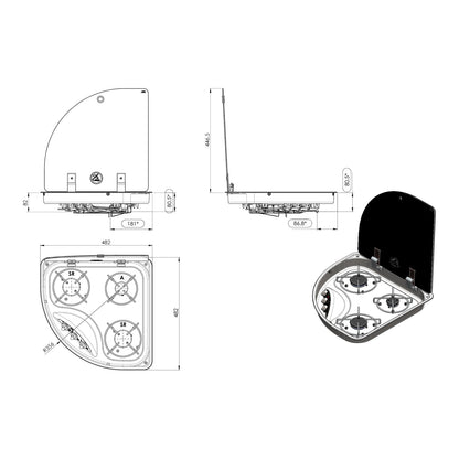 Disegno con le misure del piano cottura angolare CAN FC1344