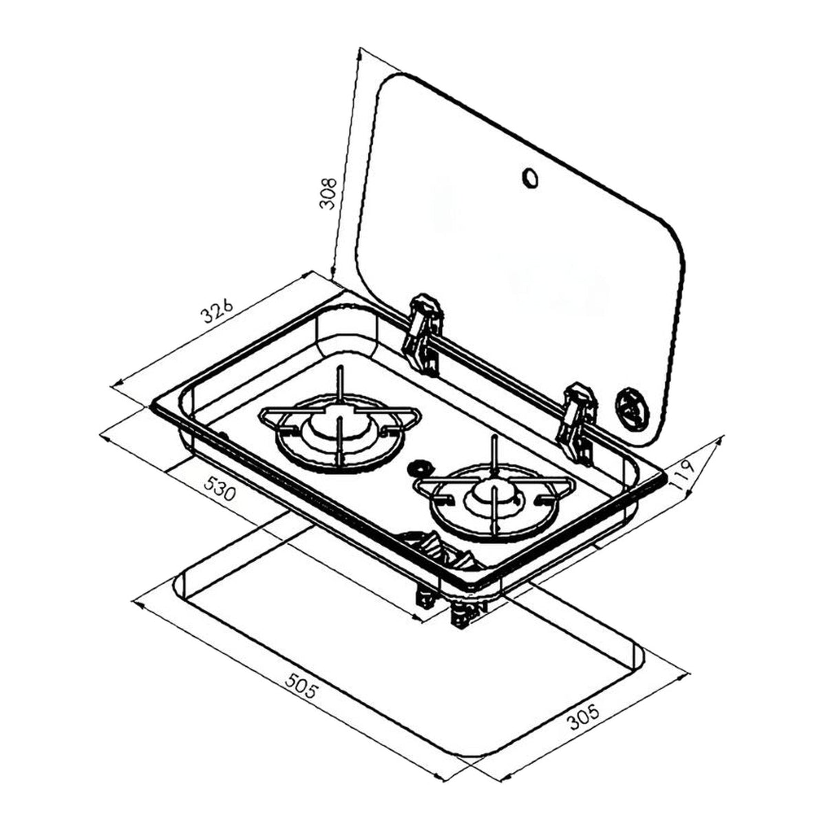 Disegno con le misure del piano cottura Carbest 2 fuochi con coperchio
