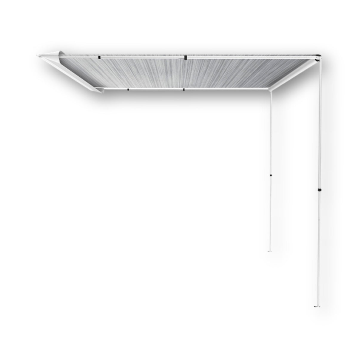 Fiamma CaravanStore EVO aperto, tendalino da canalina per roulotte con gambe di sostegno