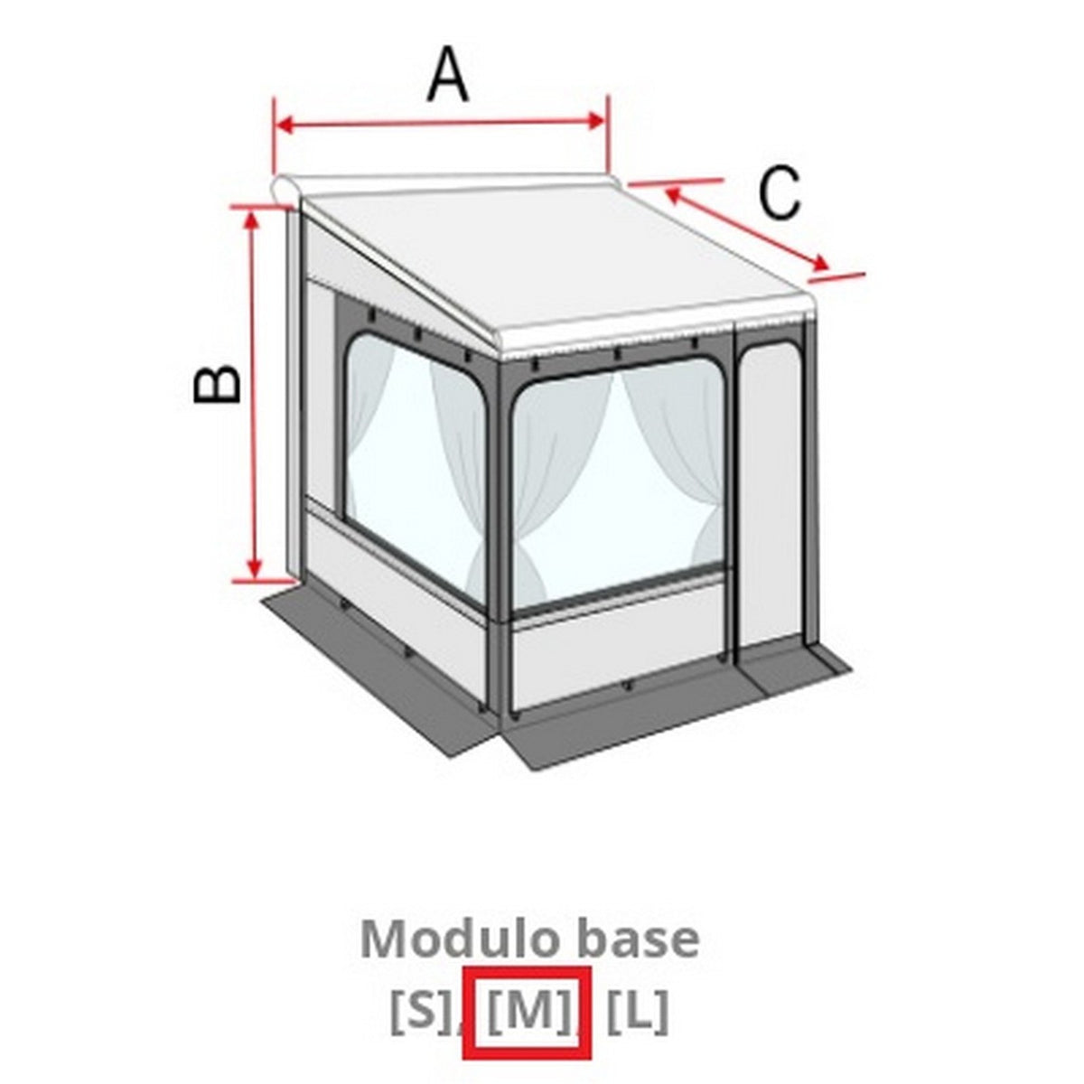 Schema della Fiamma Privacy Room, modulo base Medium con larghezza, altezza e profondità