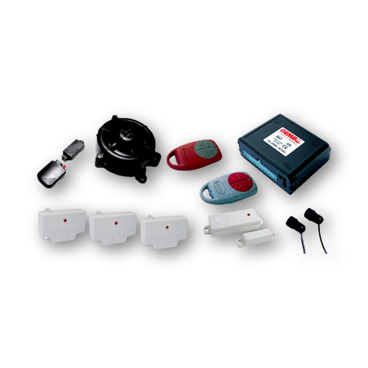 Gemini G863MH, kit allarme radiocomandato con centralina, sirena, due radiocomandi, chiave elettronica, sensori via radio e capsule a ultrasuoni