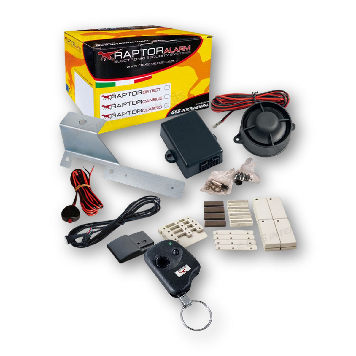 Raptor Canbus, kit allarme per Fiat Ducato con staffa con collegamento filare: centralina, sirena, cablaggio, 4 sensori magnetici wireless e radiocomando, modulo volumetrico a iperfrequenza