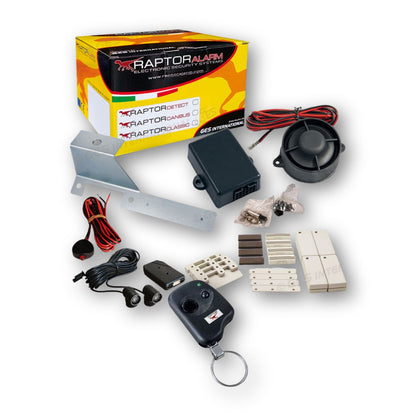 Raptor Canbus, kit allarme per Fiat Ducato con staffa con collegamento filare: centralina, sirena, cablaggio, 4 sensori magnetici wireless e radiocomando, modulo volumetrico a ultrasuoni