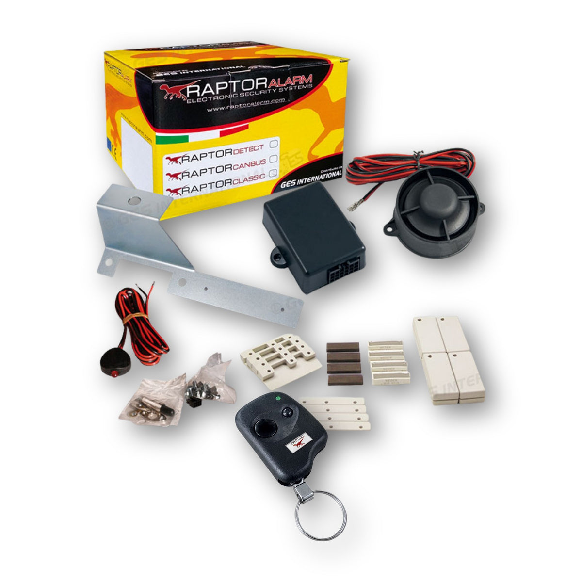 Raptor Canbus, kit allarme per Fiat Ducato con staffa con collegamento filare: centralina, sirena, cablaggio, 4 sensori magnetici wireless e radiocomando