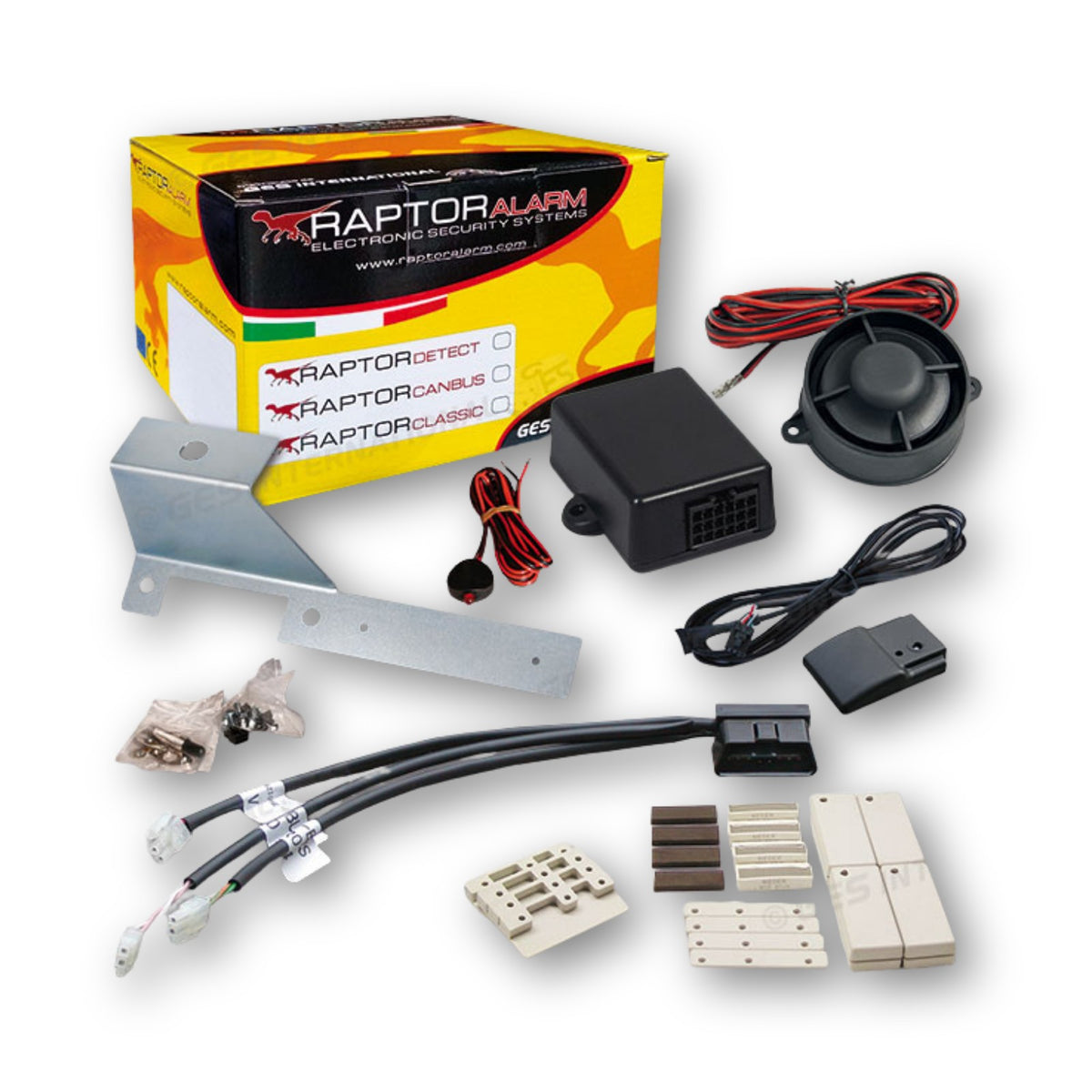 Raptor Canbus, kit allarme per Fiat Ducato con staffa con collegamento OBD: centralina, sirena, cablaggio OBD e 4 sensori magnetici wireless, modulo volumetrico a iperfrequenza
