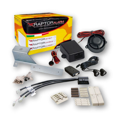 Raptor Canbus, kit allarme per Fiat Ducato con staffa con collegamento OBD: centralina, sirena, cablaggio OBD e 4 sensori magnetici wireless, modulo volumetrico a ultrasuoni