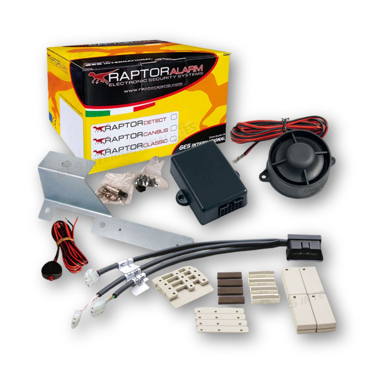 Raptor Canbus, kit allarme per Fiat Ducato con staffa con collegamento OBD: centralina, sirena, cablaggio OBD e 4 sensori magnetici wireless