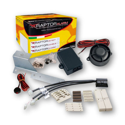 Raptor Canbus, kit allarme per Fiat Ducato con staffa con collegamento OBD: centralina, sirena, cablaggio OBD e 4 sensori magnetici wireless