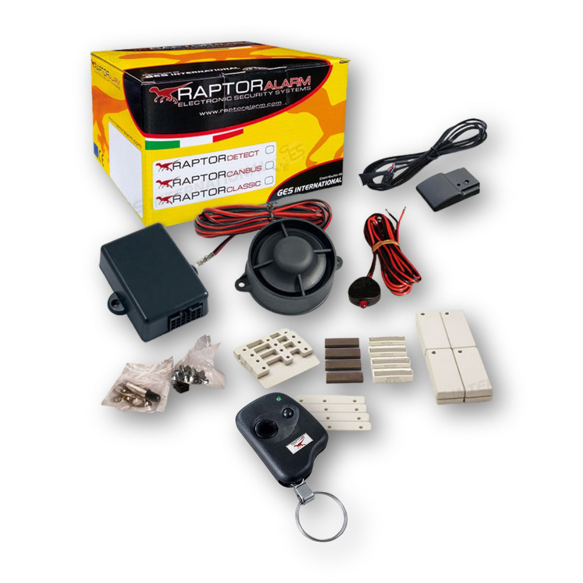 Raptor Canbus, kit allarme universale con collegamento filare: centralina, sirena, cablaggio, 4 sensori magnetici wireless e radiocomando, modulo volumetrico a iperfrequenza