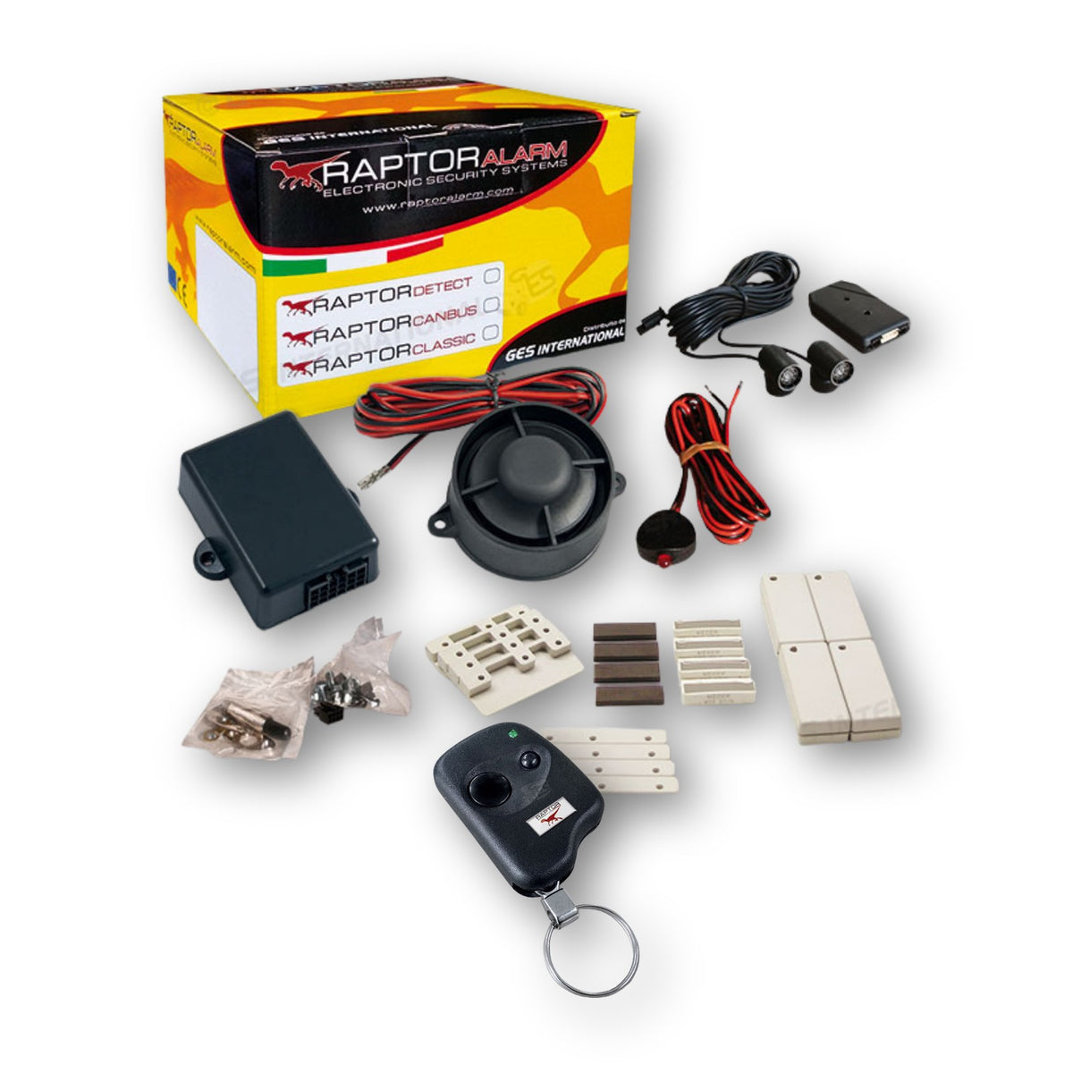 Raptor Canbus, kit allarme universale con collegamento filare: centralina, sirena, cablaggio, 4 sensori magnetici wireless e radiocomando, modulo volumetrico a ultrasuoni