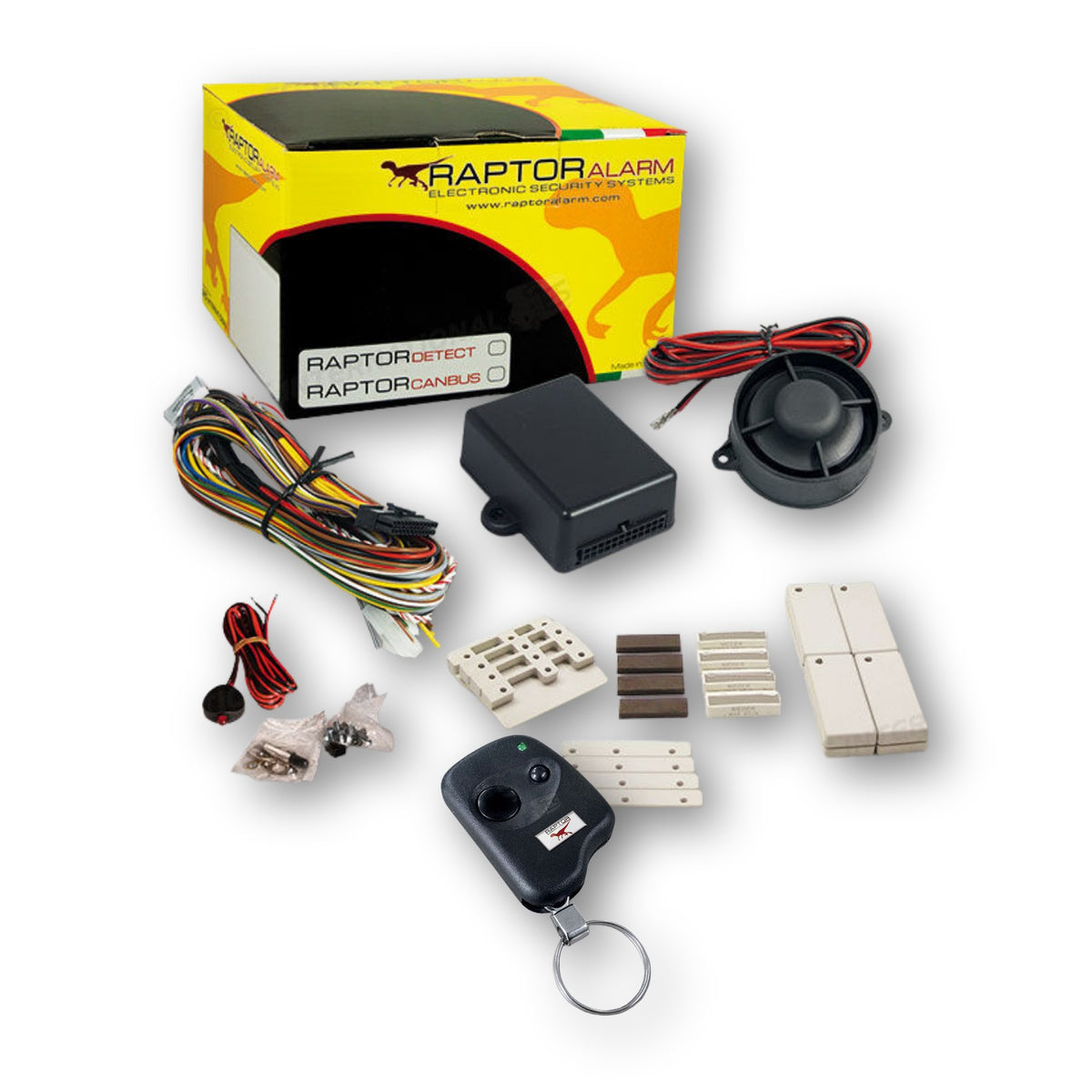 Raptor Canbus, kit allarme universale con collegamento filare: centralina, sirena, cablaggio, 4 sensori magnetici wireless e radiocomando