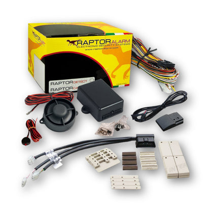 Raptor Canbus, kit allarme universale con collegamento OBD: centralina, sirena, cablaggio OBD e 4 sensori magnetici wireless, modulo volumetrico a iperfrequenza