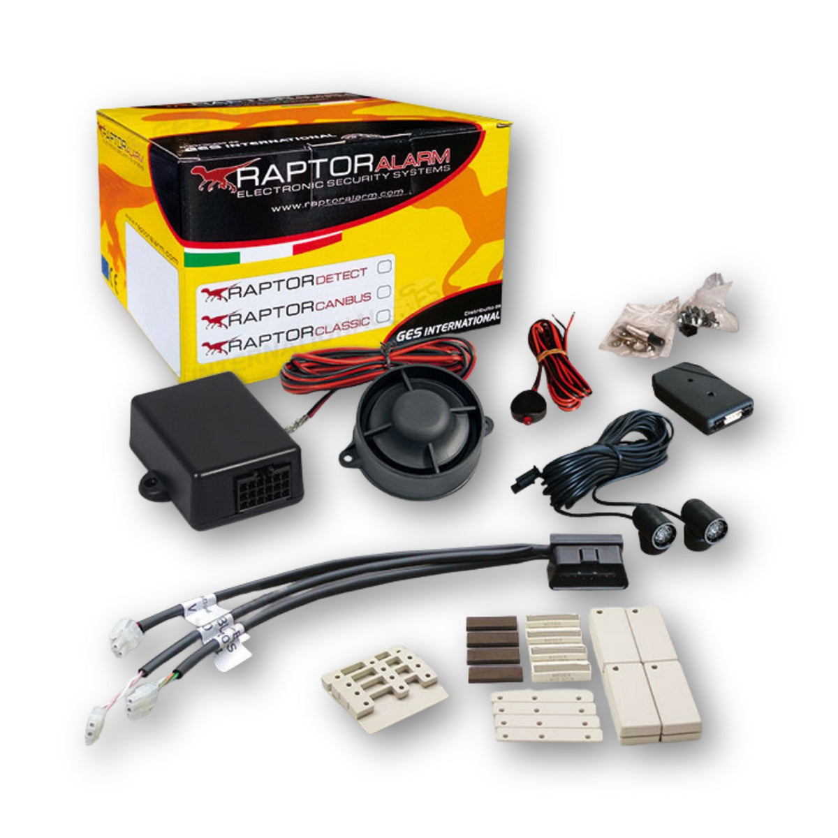 Raptor Canbus, kit allarme universale con collegamento OBD: centralina, sirena, cablaggio OBD e 4 sensori magnetici wireless, modulo volumetrico a ultrasuoni