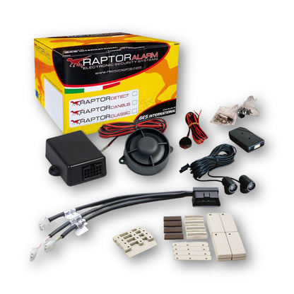 Raptor Canbus, kit allarme universale con collegamento OBD: centralina, sirena, cablaggio OBD e 4 sensori magnetici wireless, modulo volumetrico a ultrasuoni
