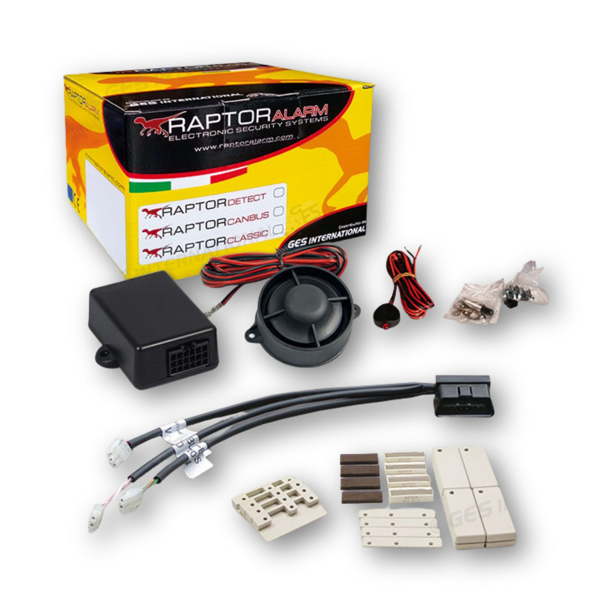 Raptor Canbus, kit allarme universale con collegamento OBD: centralina, sirena, cablaggio OBD e 4 sensori magnetici wireless