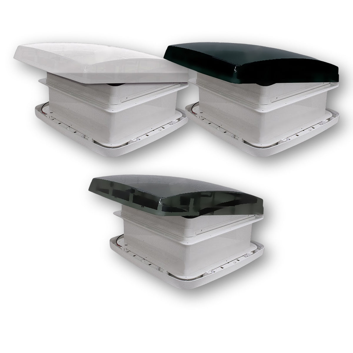 RV Basic ExtraFan 2.0 oblò 40x40 motorizzato, le versioni con cupola bianca, nera e crystal