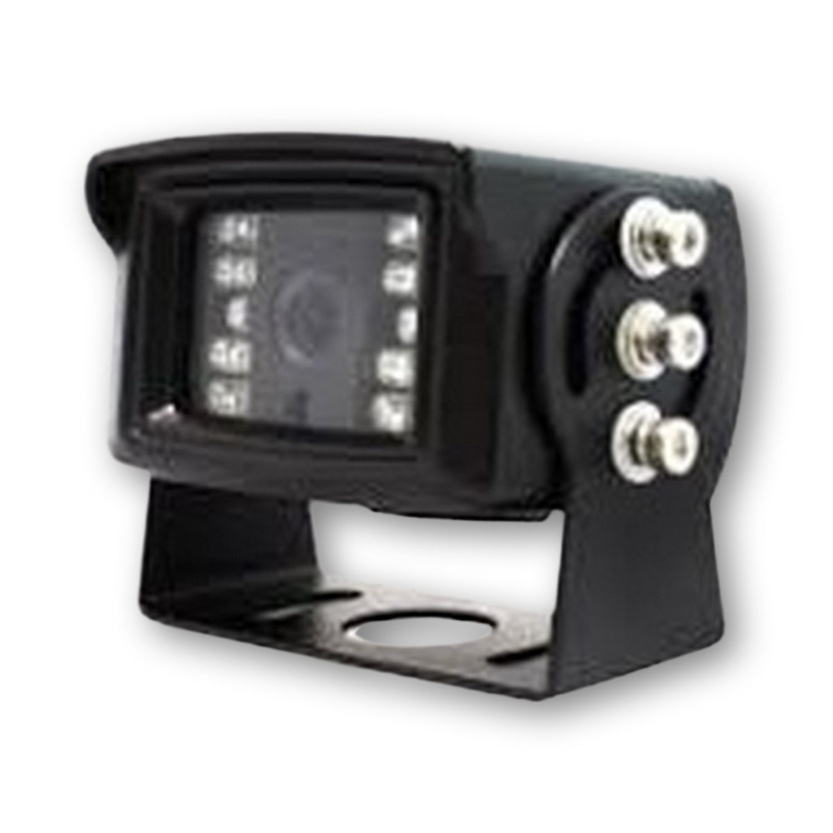 Retrocamera nera con staffa, tettuccio e LED a infrarossi per la visione notturna